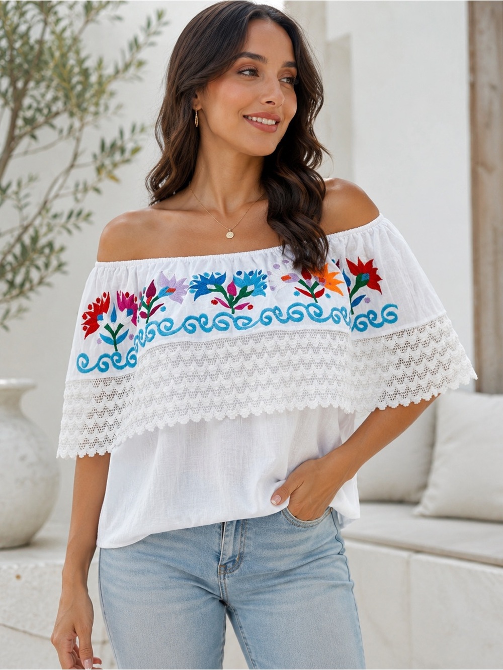 White Embroidered Floral Off Shoulder Boho Blouse Lace Ruffle